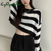 New Korean Style Striped Cropped Sweater Women Vintage Casual Oversize Knit Jumper Female Autumn Long Sleeve O-neck Pullover Top