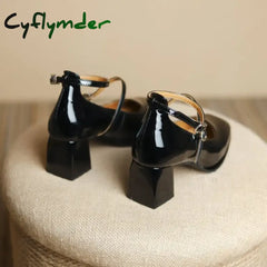 Cyflymder New Mary Jane Shoes High Quality Leather Shoes Shallow Square Toe Womens Sandals Buckle Strap Women’s Pumps