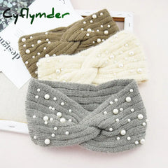Cyflymder New Pearl Knitted Cross Headbands For Women Girls Handmade Hair Accessories Autumn Winter Headwear Ear Warmer