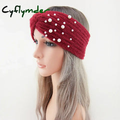 Cyflymder New Pearl Knitted Cross Headbands For Women Girls Handmade Hair Accessories Autumn Winter Headwear Ear Warmer