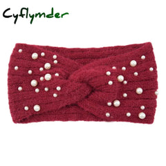 Cyflymder New Pearl Knitted Cross Headbands For Women Girls Handmade Hair Accessories Autumn Winter Headwear Ear Warmer