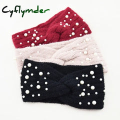 Cyflymder New Pearl Knitted Cross Headbands For Women Girls Handmade Hair Accessories Autumn Winter Headwear Ear Warmer