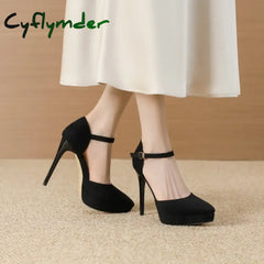 Cyflymder New Pointed Toe Platform Women Sandals Flock Buckle Strap Stripper Party Thin High Heel Shoes Sexy Female