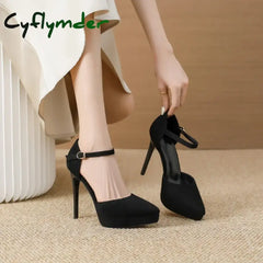 Cyflymder New Pointed Toe Platform Women Sandals Flock Buckle Strap Stripper Party Thin High Heel Shoes Sexy Female