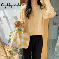 Cyflymder New Portable Lunch Bag Japanese Plaid Cotton Picnic Food Women Simple Small Tote Korean