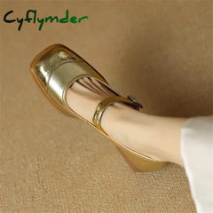 Cyflymder New Spring Cow Leather Women Shoes Square Toe Pumps Fashion Retro Mary Jane For High
