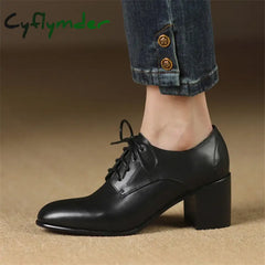 Cyflymder New Spring Genuine Leather Women Shoes Round Toe Pumps For High Heel Chunky Zapatos Mujer