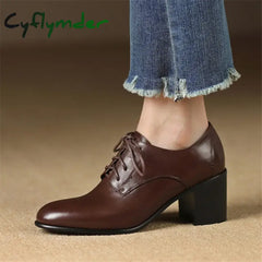 Cyflymder New Spring Genuine Leather Women Shoes Round Toe Pumps For High Heel Chunky Zapatos Mujer