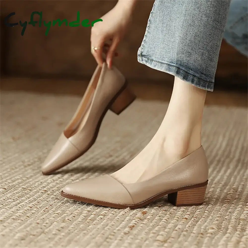 Cyflymder New Spring/Summer Women Shoes Pointed Toe Chunky Heel For Handmade Genuine Leather Pumps