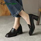 NEW Spring Women Loafers Split Leather Shoes for Women Square Toe Chunky Heel Shoes Slip-On Women Pumps Concise High Heel Shoes