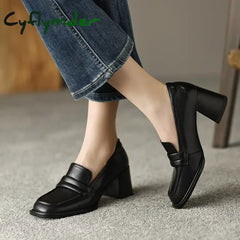 NEW Spring Women Loafers Split Leather Shoes for Women Square Toe Chunky Heel Shoes Slip-On Women Pumps Concise High Heel Shoes