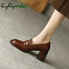 Cyflymder New Spring Women Loafers Split Leather Shoes For Square Toe Chunky Heel Slip-On Pumps