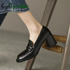 Cyflymder New Spring Women Loafers Split Leather Shoes For Square Toe Chunky Heel Slip-On Pumps
