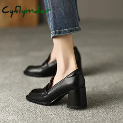 Cyflymder New Spring Women Loafers Split Leather Shoes For Square Toe Chunky Heel Slip-On Pumps