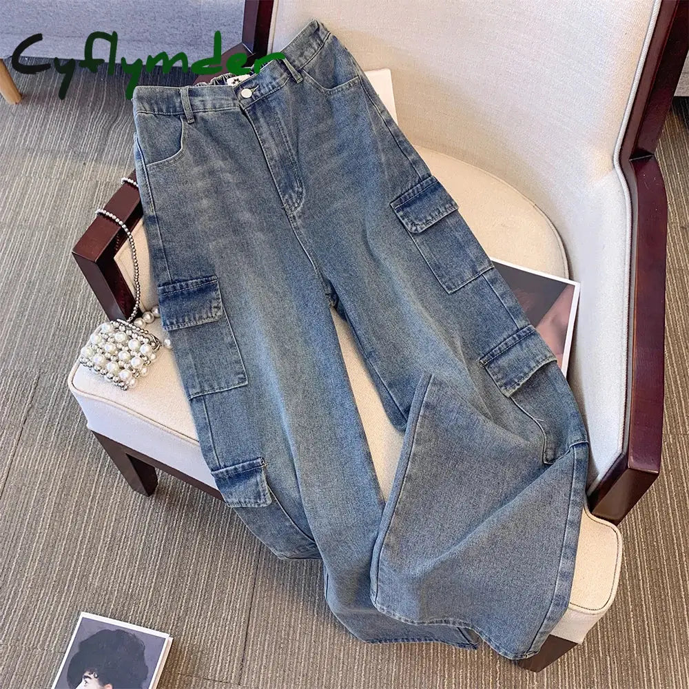 Cyflymder New Street Style plus Size Jeans Women’s Casual Pants Gray All-in-one Overalls Multi-pocket Commuter Denim