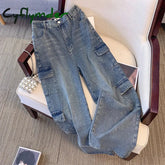 Cyflymder New Street Style plus Size Jeans Women’s Casual Pants Gray All-in-one Overalls Multi-pocket Commuter Denim