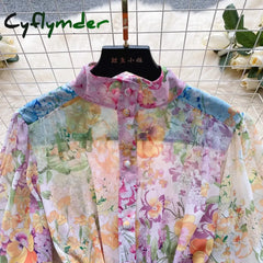 Cyflymder New Summer Holiday Beach Short Dress Women’s Stand Long Lantern Sleeve Floral Print