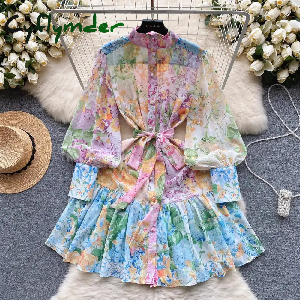 Summer Holiday Beach Short Dress Women's Stand Long Lantern Sleeve Floral Print Sashes Lace Up Chiffon Loose Vestidos