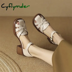 New Summer Sandals Cow Leather Luxury Roman Sandals Casual Buckle Strap Summer Shoes GLADIATOR Thick Heel Women High Heels