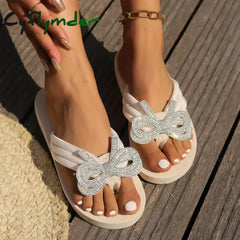Cyflymder New Summer Slippers Outdoor Beach Flip-flops Cute Flower Bow Decoration Casual Flat Slippers Shoes for Women