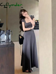 Cyflymder New Summer Waist-fitted Elegant French Style Women’s Grey Short Sleeve Tank Dress Long Dress Sexy Dress