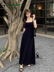Cyflymder New Summer Waist-fitted Elegant French Style Women’s Grey Short Sleeve Tank Dress Long Dress Sexy Dress