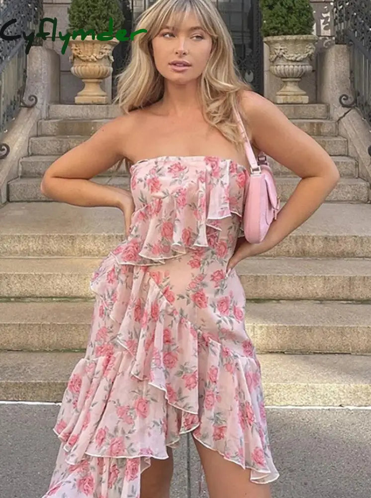 Cyflymder Floral Print Spaghetti Strap Dresses Mini Women Sexy Backless Halter Neck Spring Summer Ruffle Casual Beach