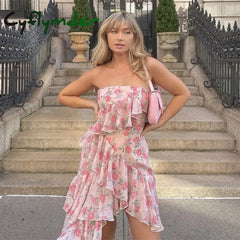 Cyflymder Floral Print Spaghetti Strap Dresses Mini Women Sexy Backless Halter Neck Spring Summer Ruffle Casual Beach