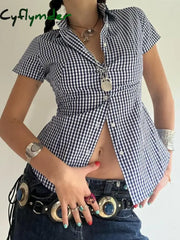Cyflymder summer inspo Hot American Retro Casual Short Sleeve Plaid Shirts For Women Button Up Turn Down Collar Summer