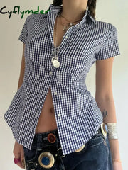 Cyflymder summer inspo Hot American Retro Casual Short Sleeve Plaid Shirts For Women Button Up Turn Down Collar Summer