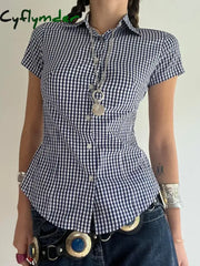 Cyflymder summer inspo Hot American Retro Casual Short Sleeve Plaid Shirts For Women Button Up Turn Down Collar Summer