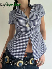Cyflymder summer inspo Hot American Retro Casual Short Sleeve Plaid Shirts For Women Button Up Turn Down Collar Summer