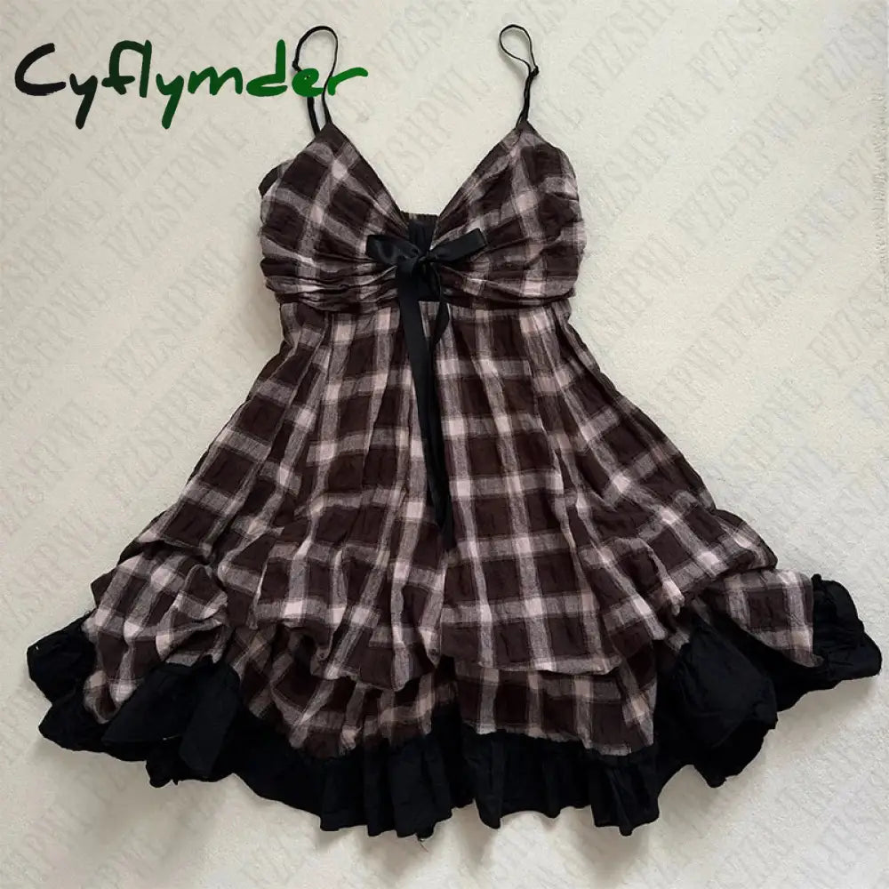 Cyflymder new trend inspo Women’s Suspender V-neck Dress Retro Plaid Pattern 2000s Harajuku Street Hip-hop Casual
