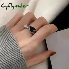 Cyflymder New Trendy Two-Color Black Heart Rings For Women Minimalist Aesthetic Drop Of Oil Open