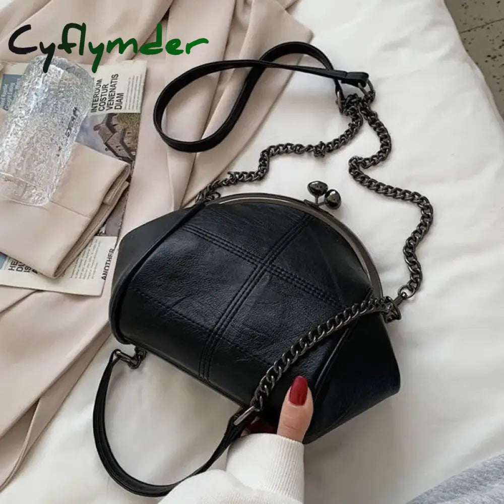 Cyflymder New Vintage Two Straps Shell Lock Bag Chain For Women Shoulder Crossbody Bags Pu Leather