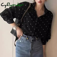Cyflymder New Women Polka Dot Printed Blouse Long Sleeve Loose Turn-down Collar Ladies Shirts Top