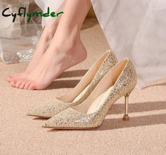 Cyflymder New Women Pumps High Thin Heel Metal Pointed Toe Shallow Sexy Ladies Bling Bridal Wedding Women Shoes White
