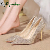 Cyflymder New Women Pumps High Thin Heel Metal Pointed Toe Shallow Sexy Ladies Bling Bridal Wedding Women Shoes White