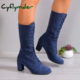 Cyflymder New Women Shoes Lace Up Mid-Calf Womens Boots Autumn Winter Thick Heel Solid Flock Ladies Boots Large Size 43