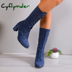 Cyflymder New Women Shoes Lace Up Mid-Calf Womens Boots Autumn Winter Thick Heel Solid Flock Ladies Boots Large Size 43
