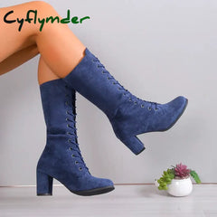 Cyflymder New Women Shoes Lace Up Mid-Calf Womens Boots Autumn Winter Thick Heel Solid Flock Ladies Boots Large Size 43