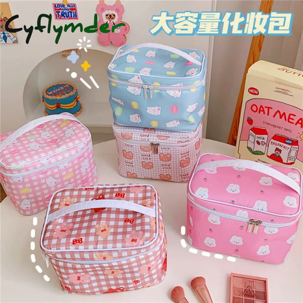 Cyflymder New Women Travel Cosmetic Makeup Bags Case Korean Bear Rabbit Plaid Toiletries Organizer