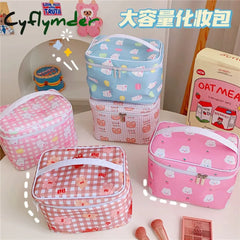 Cyflymder New Women Travel Cosmetic Makeup Bags Case Korean Bear Rabbit Plaid Toiletries Organizer