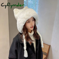 Cyflymder New Women Winter Warm Cute Beanie Hat Cat Ears Lady Kawaii Knitted Crochet Beanies Hat Cap With Braid For