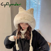 Cyflymder New Women Winter Warm Cute Beanie Hat Cat Ears Lady Kawaii Knitted Crochet Beanies Hat Cap With Braid For