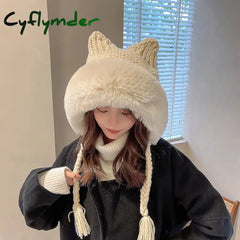 Cyflymder New Women Winter Warm Cute Beanie Hat Cat Ears Lady Kawaii Knitted Crochet Beanies Hat Cap With Braid For