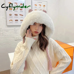 Cyflymder New Women Winter Warm Cute Beanie Hat Cat Ears Lady Kawaii Knitted Crochet Beanies Hat Cap With Braid For