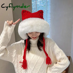 Cyflymder New Women Winter Warm Cute Beanie Hat Cat Ears Lady Kawaii Knitted Crochet Beanies Hat Cap With Braid For