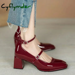 Cyflymder New Women’s Mary Janes Shoes High Quality Leather Shoes for Women Square Toe Shallow Buckle Strap Women’s