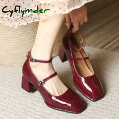 Cyflymder New Women’s Mary Janes Shoes High Quality Leather Shoes for Women Square Toe Shallow Buckle Strap Women’s